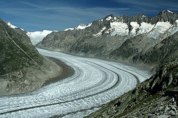 The glacier, looking north east towards Jungfrajoch. The UNESCO trail is on the lower right